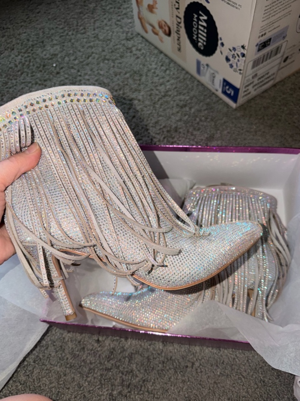 Glitter Fringe Pointed-Toe Women's Ankle Boots in Iridescent Silver